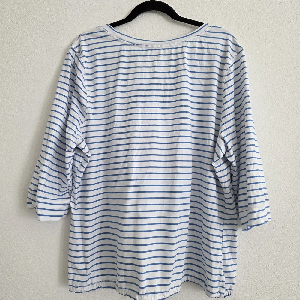 Casey Key Blue & White Striped Top with Beach Graphic 3/4 Sleeve - Picture 6 of 6